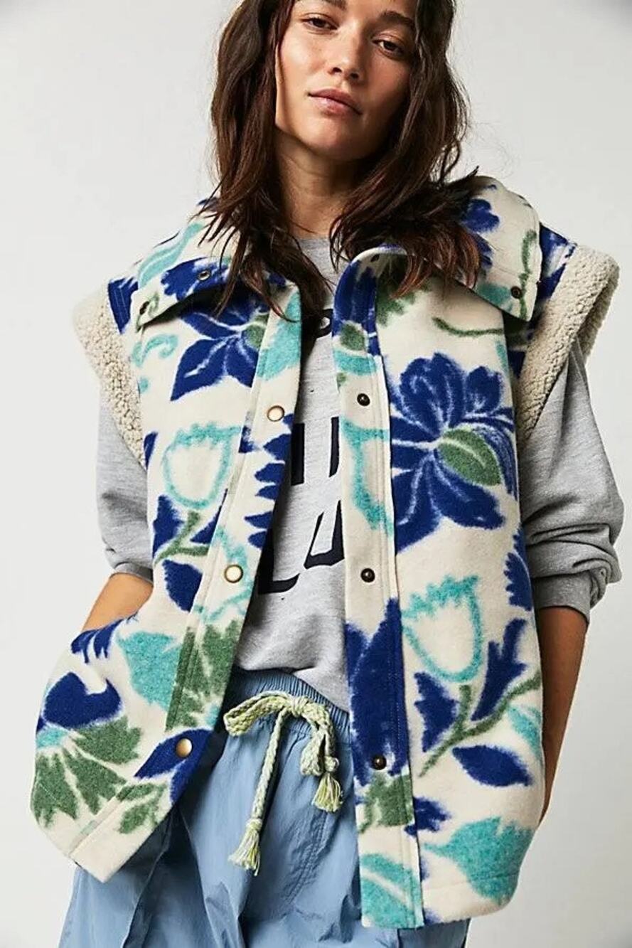 Free People Hello Vest Floral Sherpa Fleece Oversized